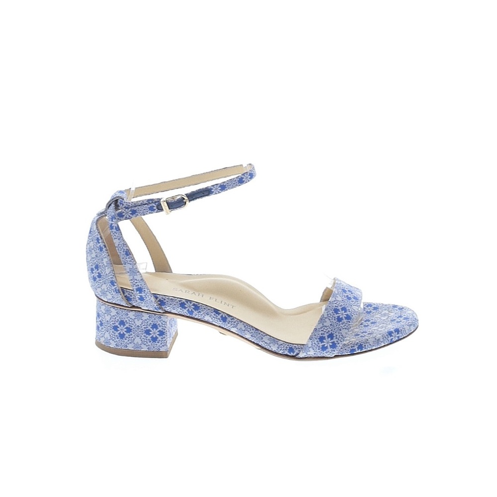 Sarah Flint Perfect Block Sandal 30 Blue Silk Tile Print 1.5” Heel 6.5 EU 36.5